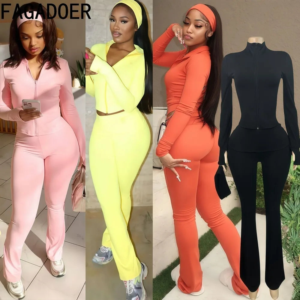FAGADOER Casual Woman 3 Piece Set Outfit Solid Color Long Sleeves Crop Top + Flare Pants Matching Female Streetwear Clothing