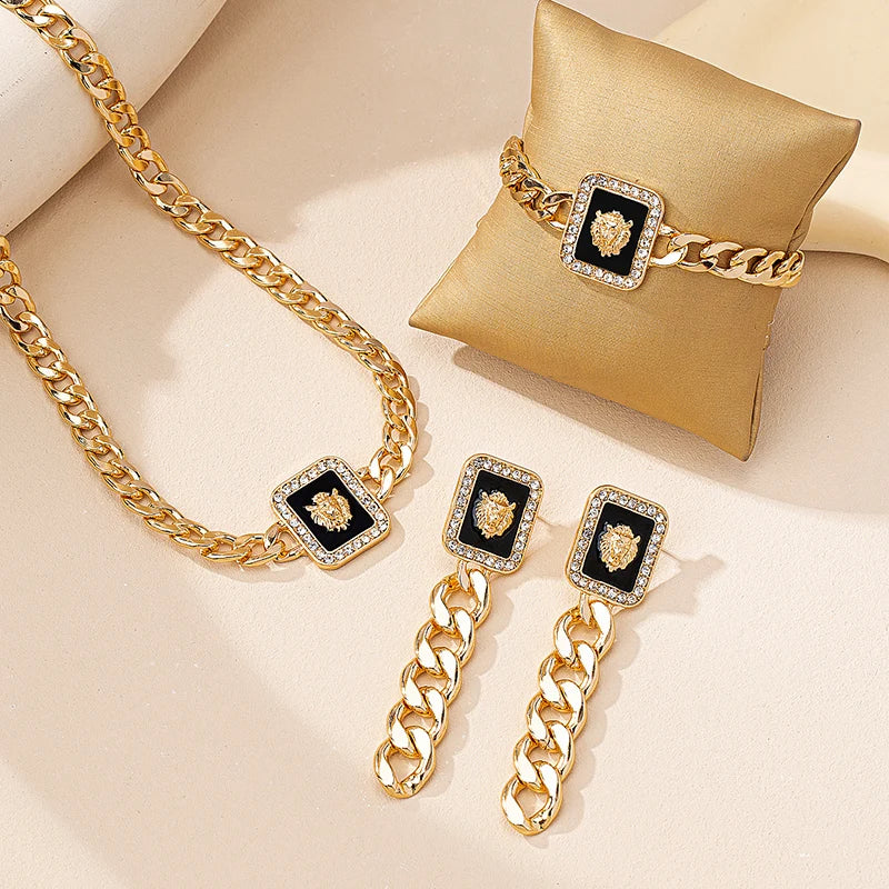 3PCS Vintage Gold Lion Head Jewelry Set for Women - Square Earring, Bracelet & Colorful Enamel Rhinestone Necklace - JN Fashion Fusion