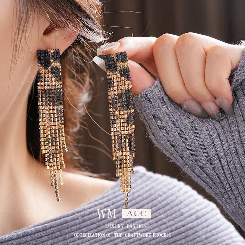Women's Fashion Jewelry Set with Leopard Print and Inlaid Rhinestone Long Tassel Earrings and Statement Necklace and Bracelet - JN Fashion Fusion