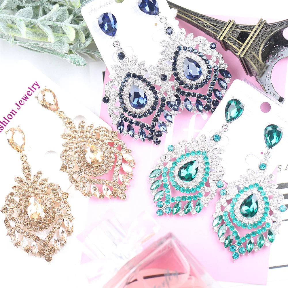 Vintage Statement Jewelry Wholesale Wedding Long Green Emerald Crystal Rhinestone Chandelier Dangle Drop Earrings for Women - JN Fashion Fusion