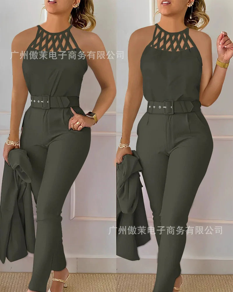 Two Piece Set Women Outfit 2024 Summer Fashion Hollow Out Round Neck Sleeveless Tank Top & Casual Pocket Daily Pants Set PP9X - JN Fashion Fusion