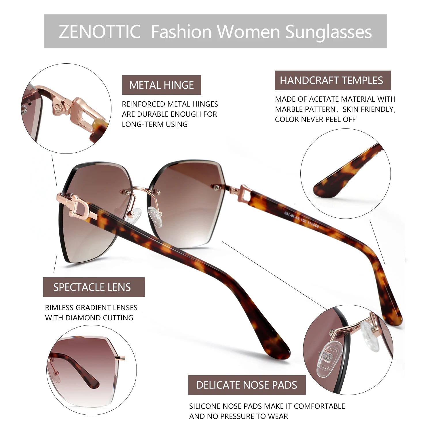 ZENOTTIC Fashion Women Rimless Sunglasses for Ladies 2024 Trendy Geometric Diamond Cutting Gradient Lens UV Protection Shades - JN Fashion Fusion