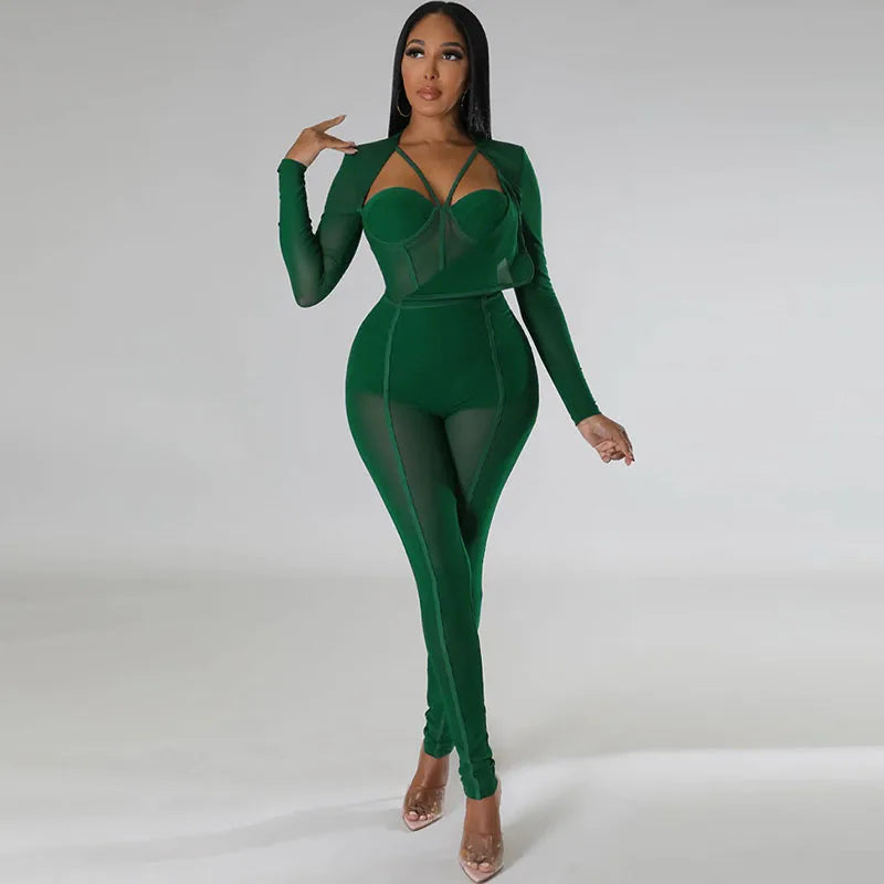 Sexy Mesh Patchwork Sheer Night Club Bodycon Jumpsuit for Women See Through One Piece Rompers Clubwear Party Birthday Outfits - JN Fashion Fusion