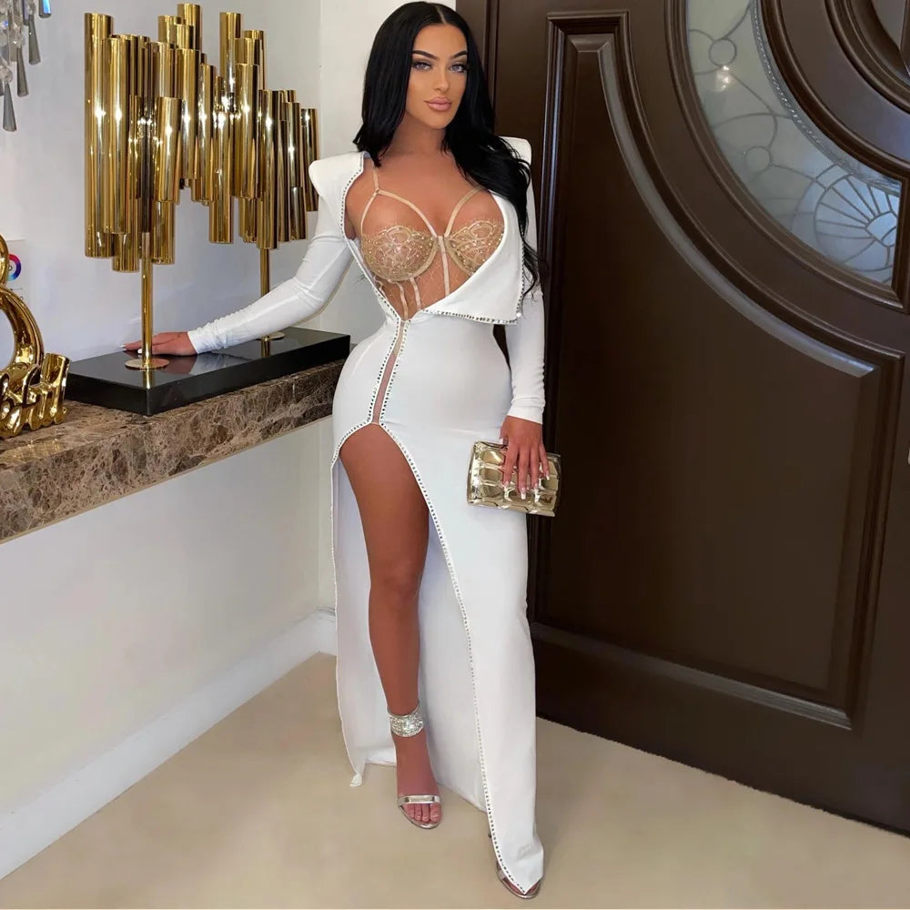 Rhinestone Crystal Night Club Dress Sexy Women Two Pieces Diamond Long Party Dress With Bodysuit