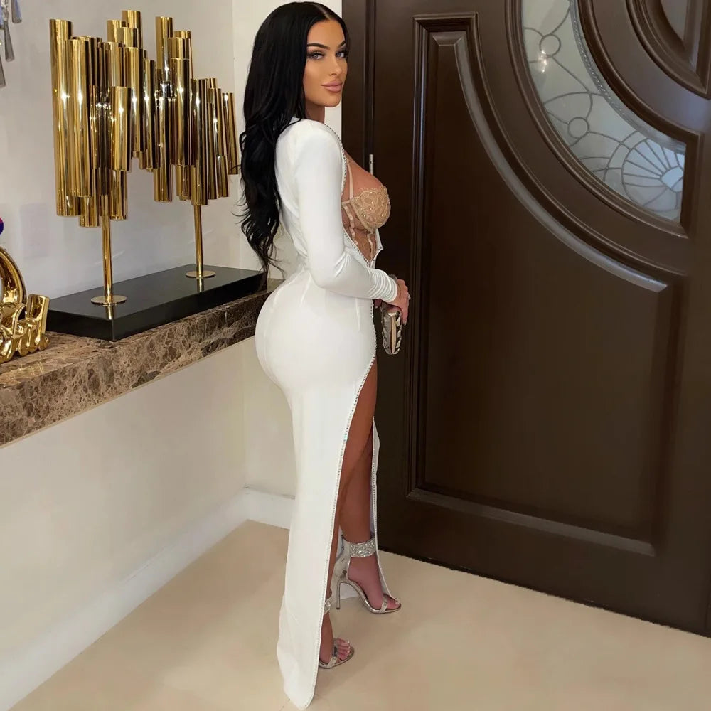Rhinestone Crystal Night Club Dress Sexy Women Two Pieces Diamond Long Party Dress With Bodysuit