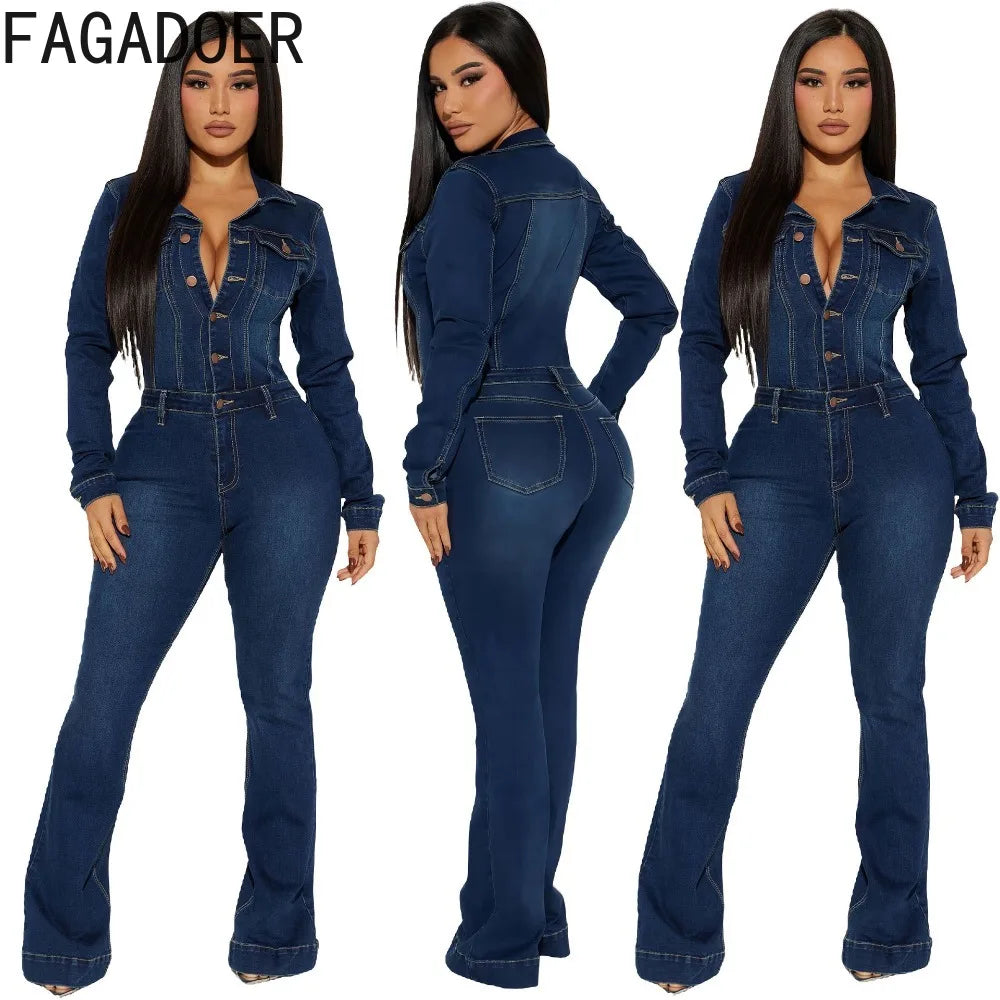 FAGADOER Fashion Denim Elastic Flared Pants Jumpsuits Women Turndown Collar Button Long Sleeve Playsuits Female Cowboy Overalls - JN Fashion Fusion