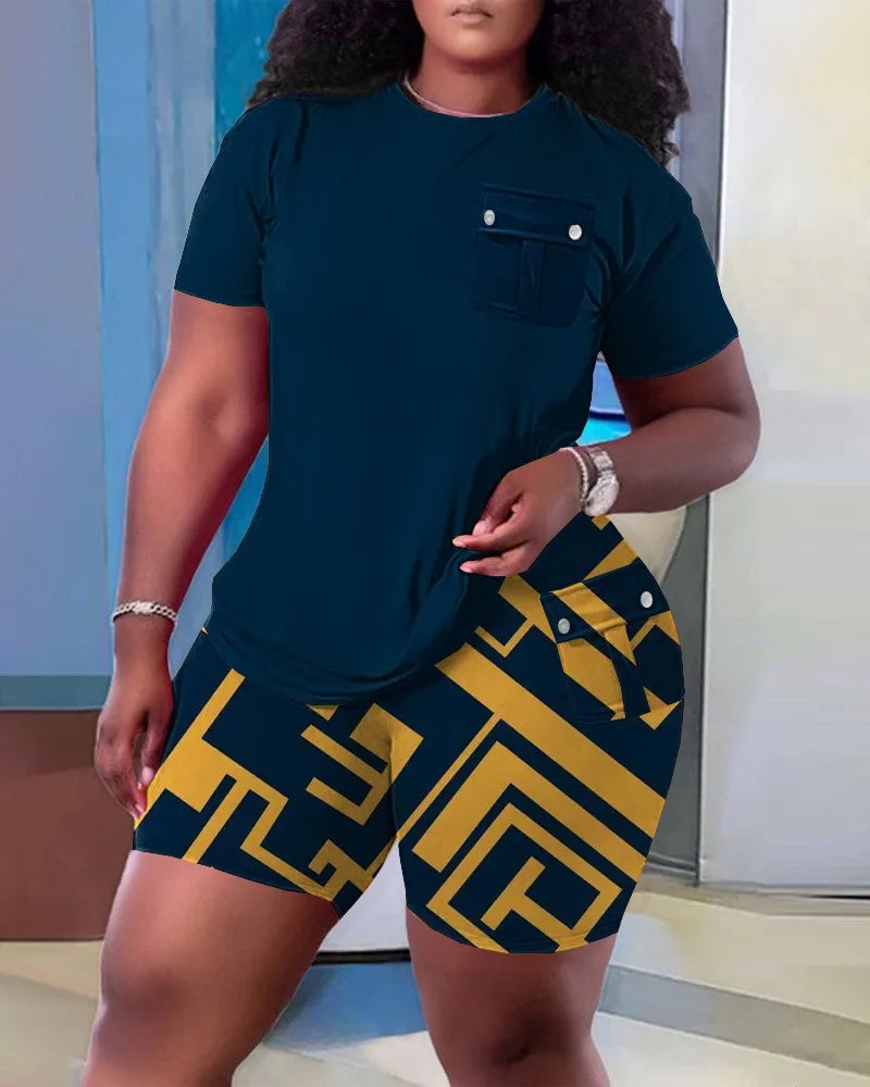 Women Two Piece Shorts Sets Solid Round Neck T Shirts Pockets Elastic Waist Short Trousers Suits Leisure Ladies 2025 Summer - JN Fashion Fusion