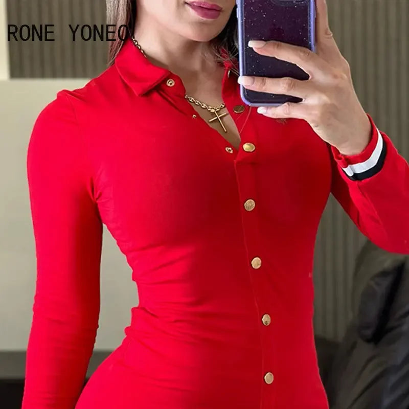Women Casual Long Sleeves Turn Down Collar Solid Button A-line Mini Skinny Red Dress - JN Fashion Fusion