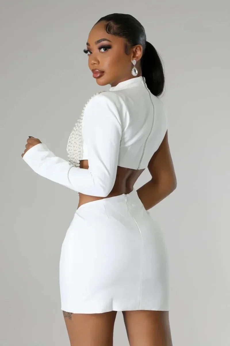 Women Full Sleeve Elegant O-neck Mini Dress 2025 Summer Pearl String Sexy Street Night Club Party Vestidos Dresses - JN Fashion Fusion