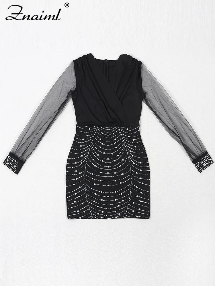 Znaiml Sexy Sheer Mesh Patchwork Rhinestone Bodycon Black Mini Dress Women's Long Sleeve Skinny Birthday Evening Party Dresses - JN Fashion Fusion