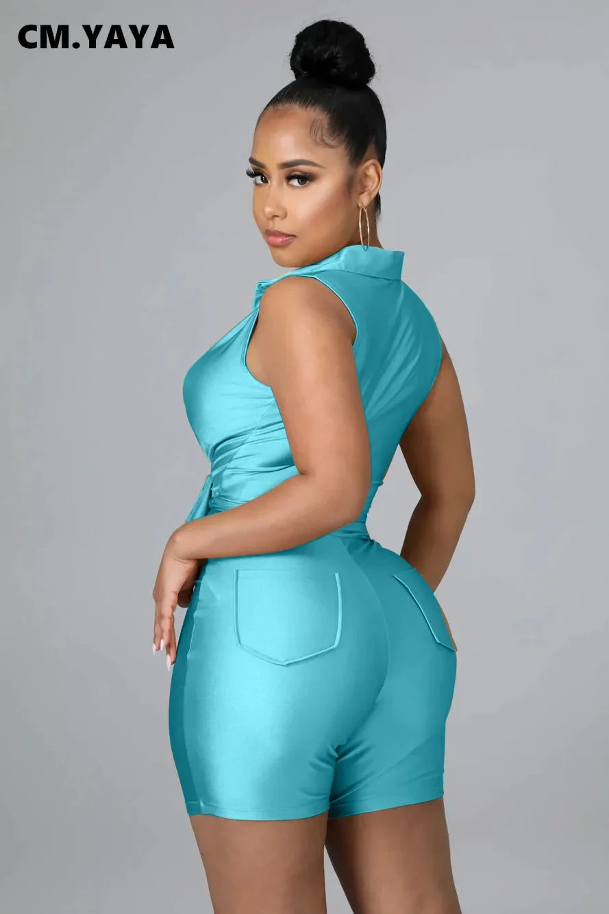 CM.YAYA Elegant Active Women's Set Sleeveless Shirt Top and Shorts Suit Tracksuit Two 2 Piece Set Fitness Outfits 2022 Summer - JN Fashion Fusion