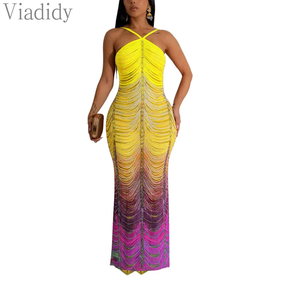 Women Sexy Print Sheer Mesh Sleeveless Spaghetti Strap Rhinestone Decor Floor-length Dress - JN Fashion Fusion