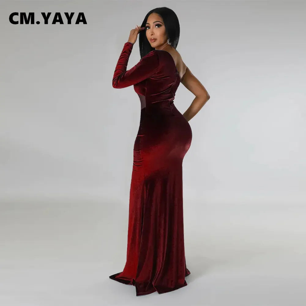 CM.YAYA Women Velvet Mesh Patchwork One Shoulder Long Sleeve High Slit Floor Length Mermaid Bodycon Midi Sexy Party Club Dresses - JN Fashion Fusion