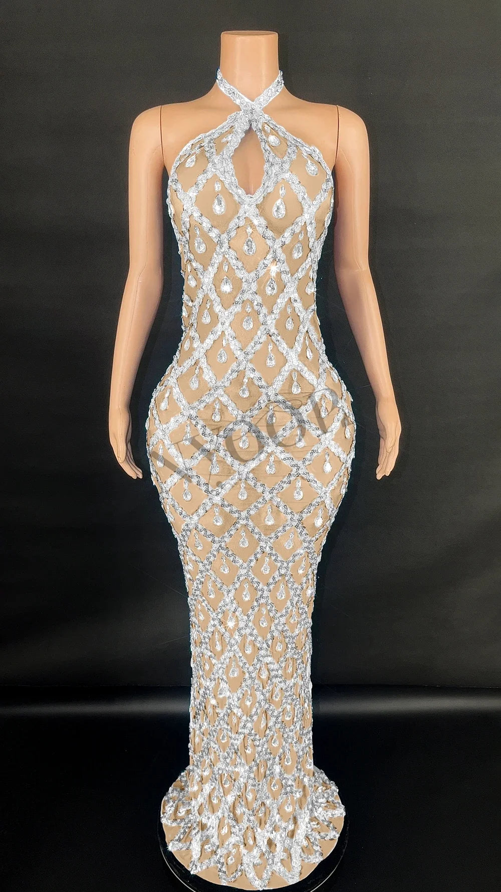 Sparkly Rhinestones Long Dress for Women Sexy V Neck Backless Mesh Transparent Celebrate Evening Wedding Prom Birthday Dress - JN Fashion Fusion