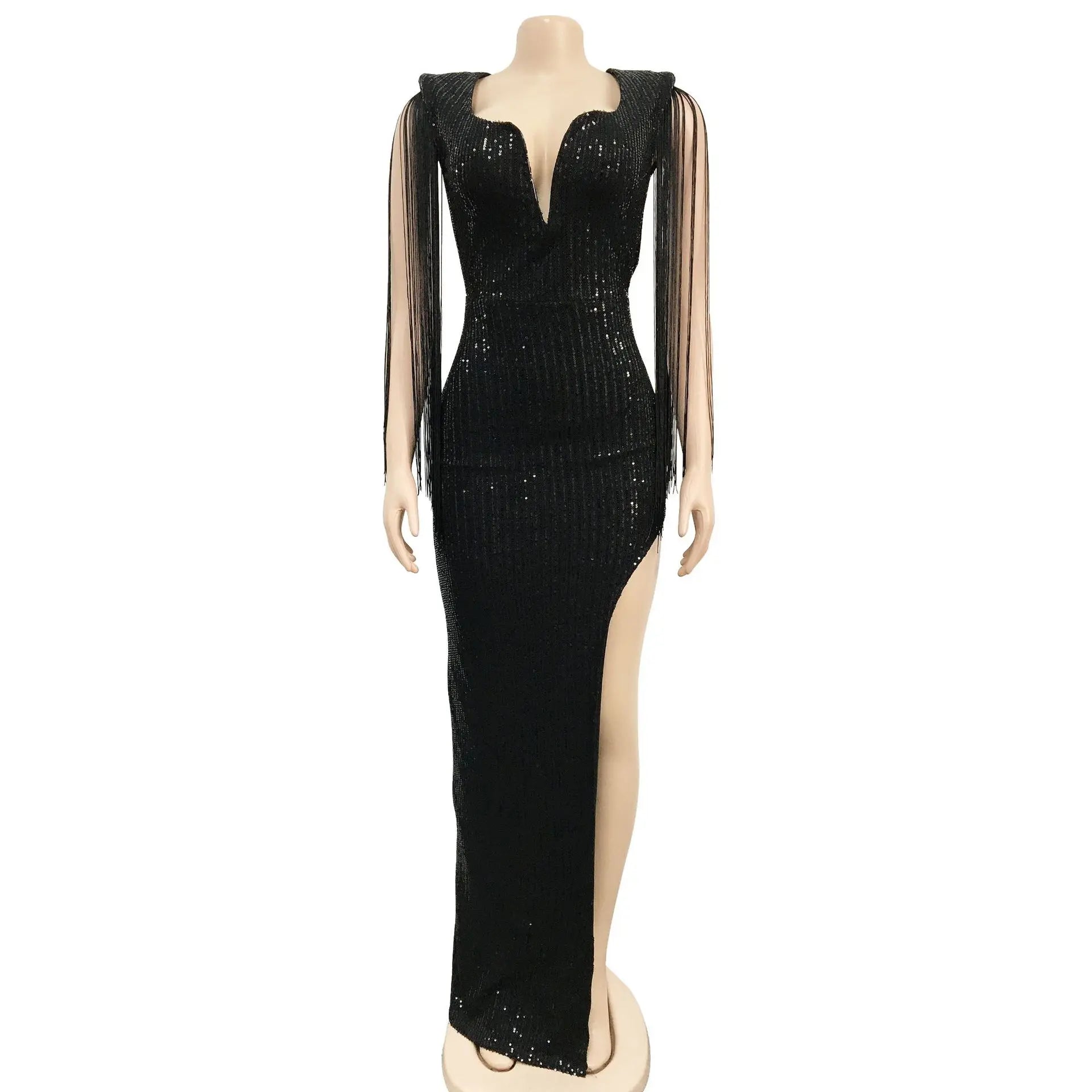 CM.YAYA Women Sequined Tassel Sleeve High Side Slit Midi Maxi Long Dress Autumn Winter Sexy Prom Party Evening Bodycon Dresses - JN Fashion Fusion