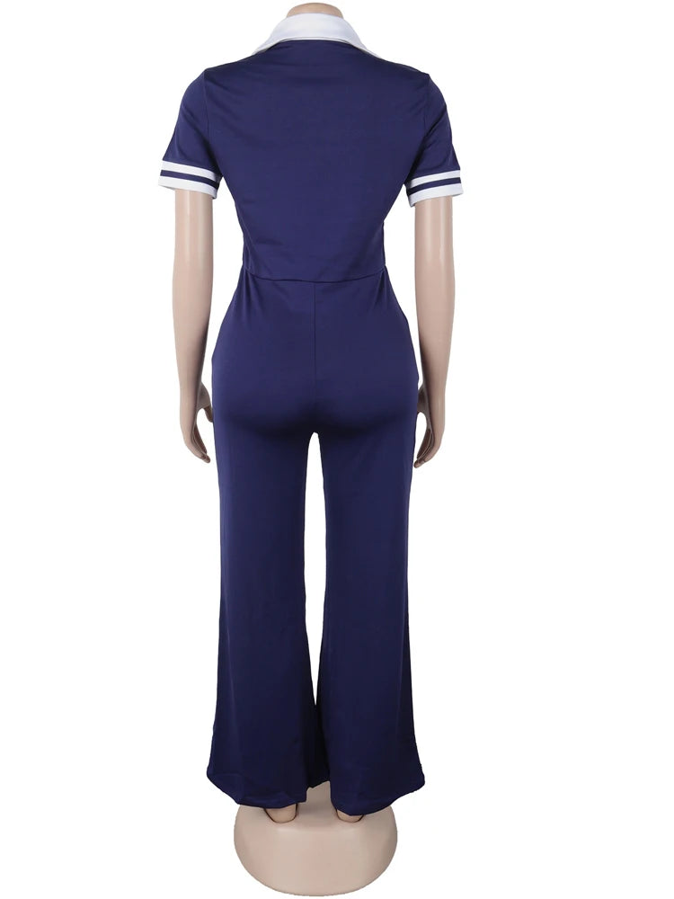 Beyprern Women's Turn-Down Collar Patchwork Wide Legs Jumpsuits Fashion Short Sleeve Stretchy Fitted Overall Night Club Outfits - JN Fashion Fusion