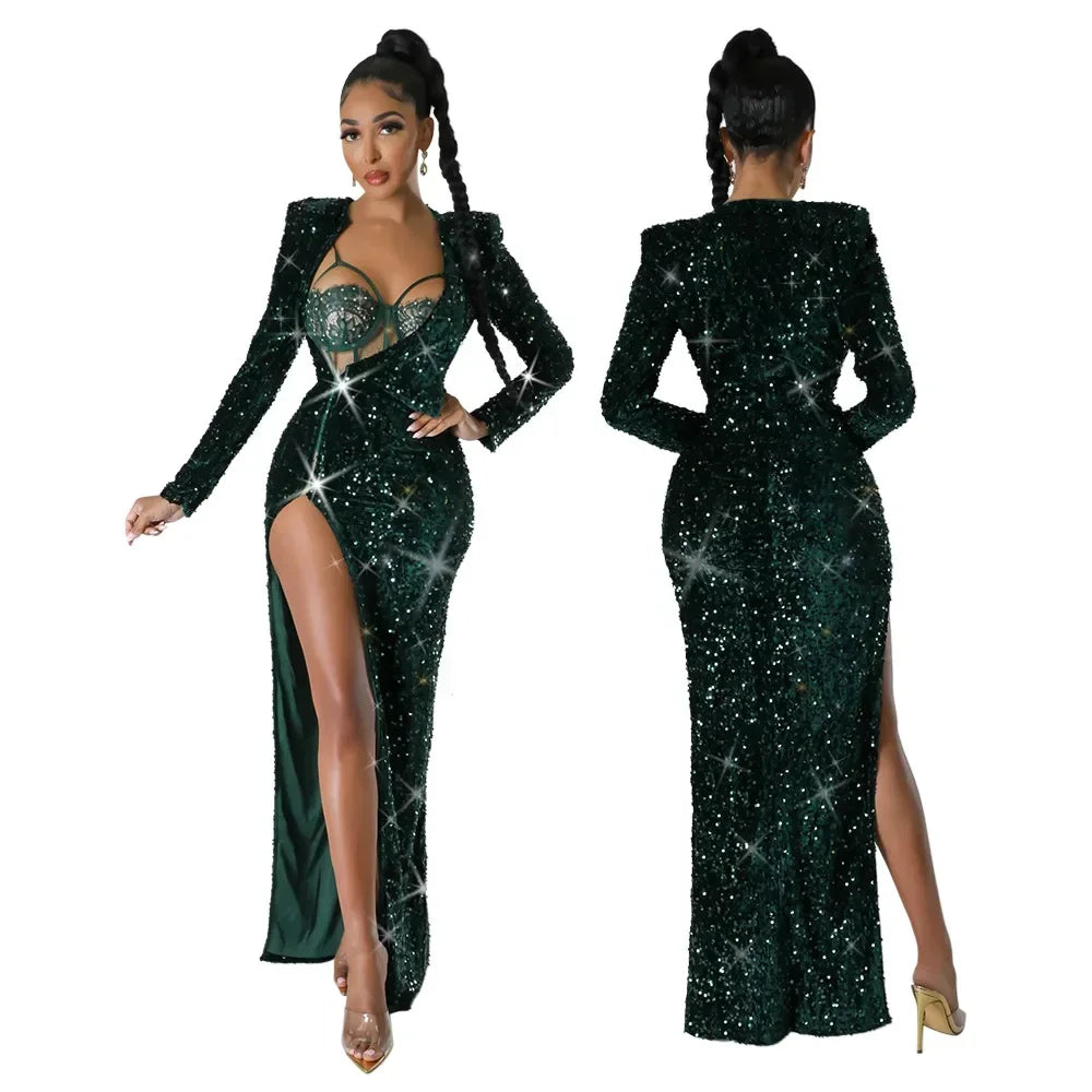 Two Piece Sets Bodysuit Sexy Women Sequin Dress Rompers Solid Slim Fit Sheath Full Sleeve Hip Wrap Dresses Set Party Gown - JN Fashion Fusion