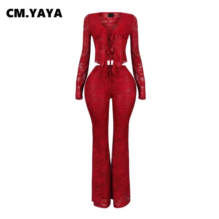 CM.YAYA 2025 Women's Set Long Sleeve Lace See Through Shirt + Long Pants Street Evening Sexy Two 2Piece Sets Outfits Tracksuit - JN Fashion Fusion