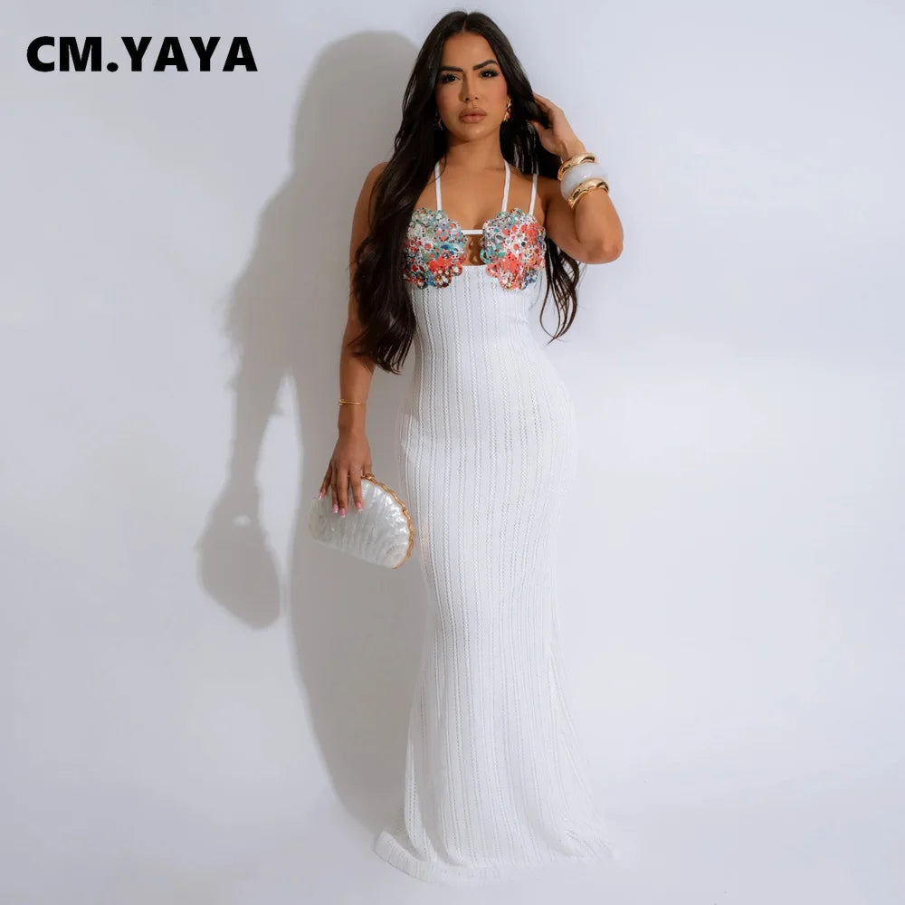 CM.YAYA Women Strapless Backless Printed Knitted Long Maxi Dress Bohemian Beach Holiday Evening Street Party Vestidos Dresses - JN Fashion Fusion