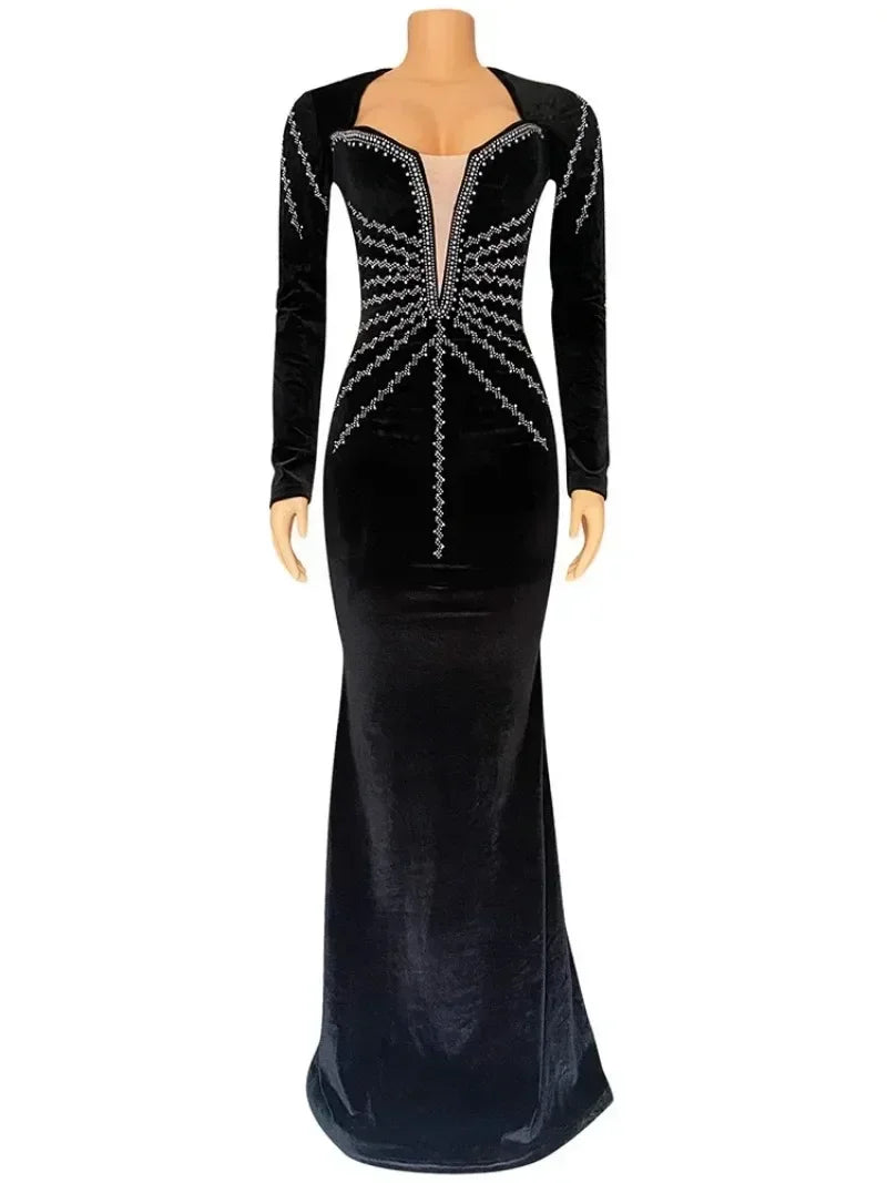 2025 Elegant Diamonds Velvet Long Party Dress for Women Sexy Deep V Evening Gown Formal Black Slim Dress Robe - JN Fashion Fusion