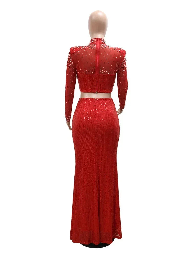 Luxury Sequins Evening Dress Set Beading Diamonds Cropped Tops High Slit Maxi Skirts 2 Piece Outfits Bodycon Party Dinner Gown - JN Fashion Fusion
