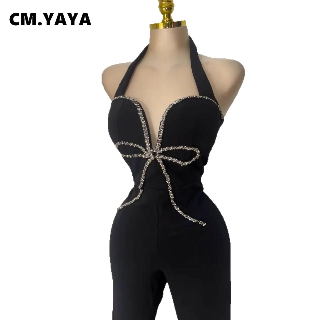 CM.YAYA Fashion Women Halter Neck Butterfly Striped Splicing Sleeveless Jumpsuits 2025 Sexy Party Outfits One Piece Suit Rompers - JN Fashion Fusion