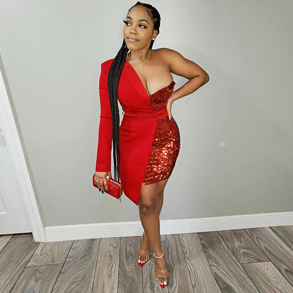 Ladies Sequins Formal Occasion Dresses Dne Shoulder Patchwork Prom Mini Dress Sexy Bodycon Elegant Party Dresses for Women 2023 - JN Fashion Fusion