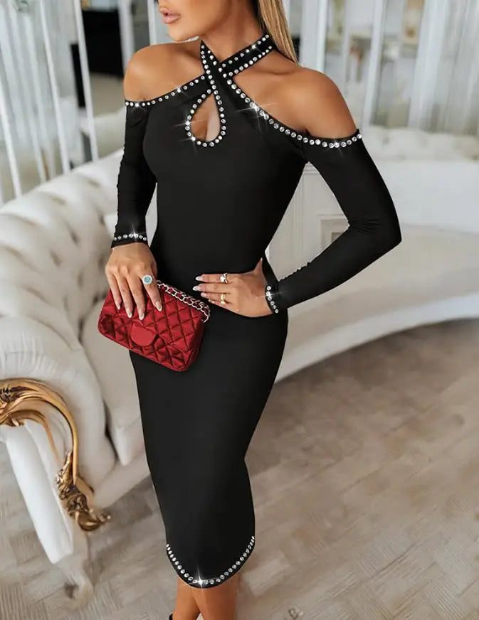 Elegant Long - Sleeve Cold - Shoulder Bodycon Dress, Rhinestone - Embellished Halter Neck Midi Dress for Party & Evening Wear