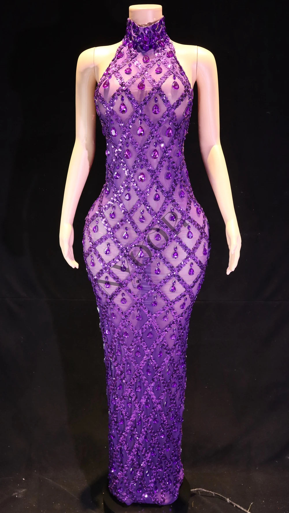 Elegant Dark Mesh Celebrate Evening Wedding Prom Gown Birthday Dress Photograph Wear Sparkly Rhinestones Sleeveless Long Dress - JN Fashion Fusion