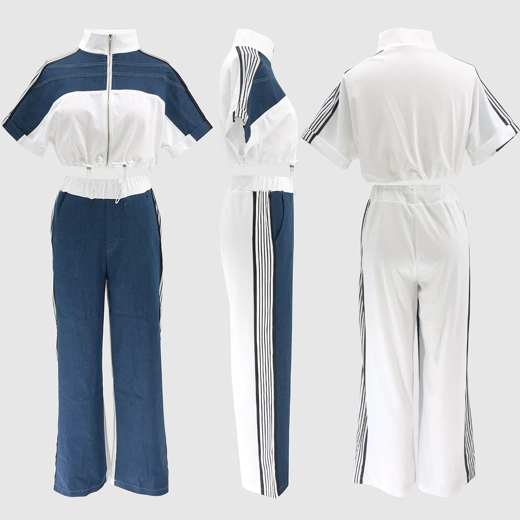 CM.YAYA Women Set Short Sleeve Jackets tops + Denim Patchwork Pant Suits 2025 Two 2 Piece Sets Sporty Tracksuits Street Outfits - JN Fashion Fusion