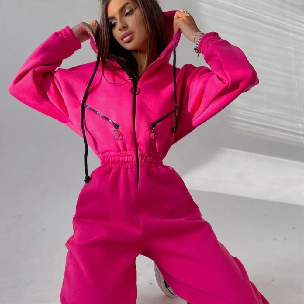 Casual Hooded Sweatshirt Women's Jumpsuits New Autumn And Winter Warm Half Zipper Slim Waist Trotter Female Sports Rompers 2025 - JN Fashion Fusion