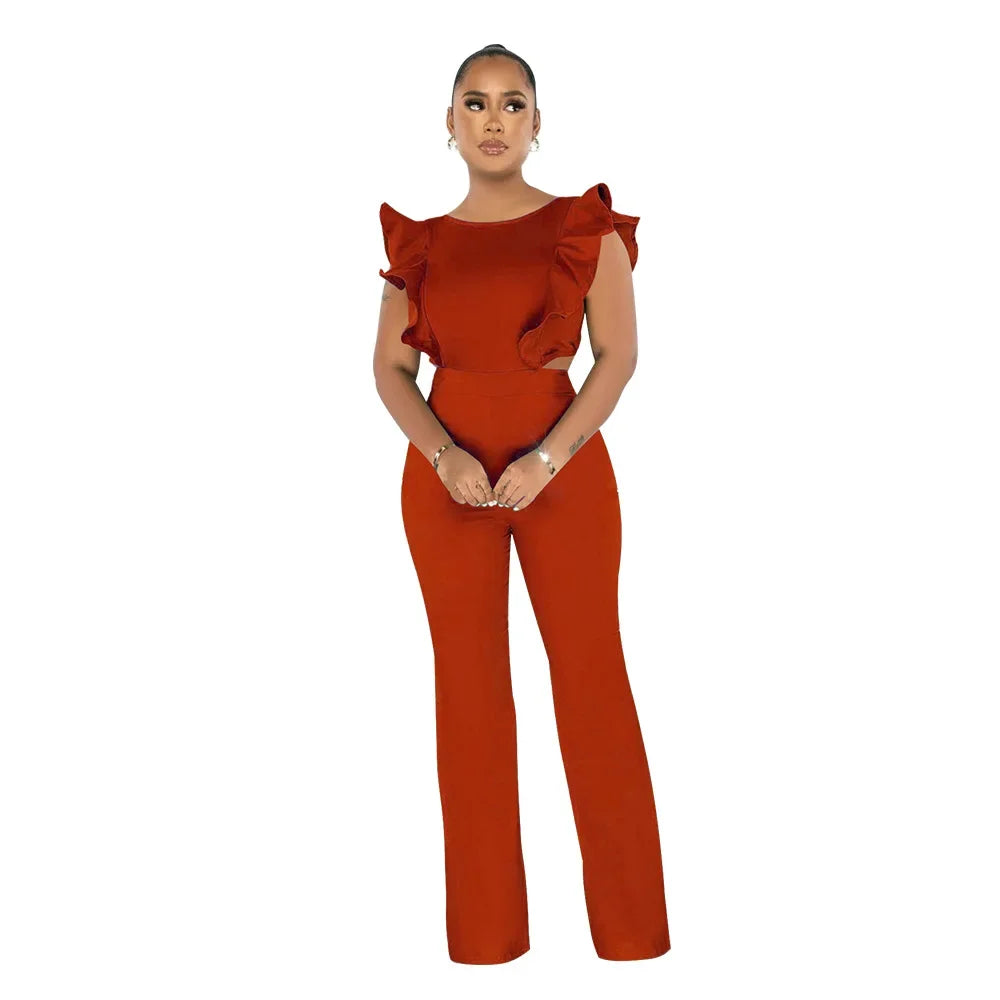 Solid Ruffled Sleeveless Jumpsuit Women Summer Rompers Bodysuits O Neck High Waist Wide Leg Pant Jumpsuit Streetwear Overalls - JN Fashion Fusion
