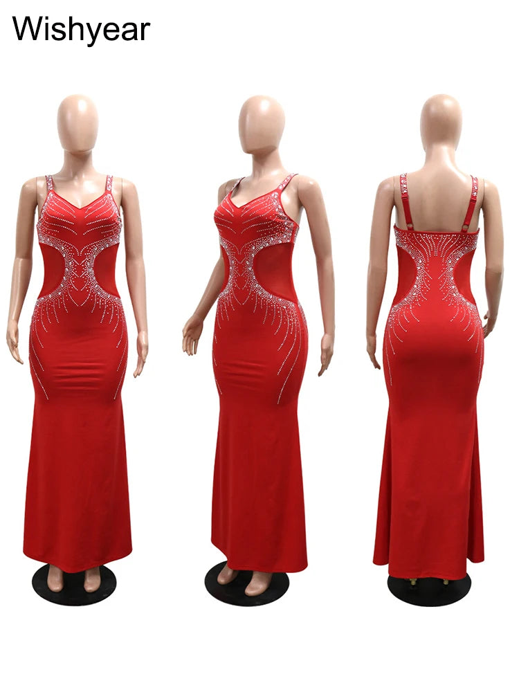 New Fashion Senior Evening Party Red Spaghetti Strap Diamonds Design Wedding Gowns Dress Women Elegant Bodycon Birthday Vestidos - JN Fashion Fusion