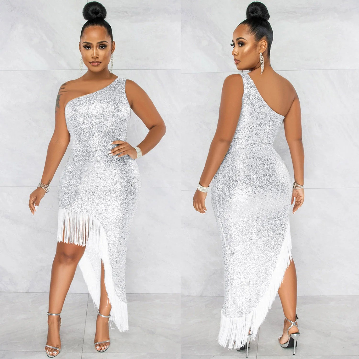 Women Sexy Gala Dress Slopping Shoulder Sleeveless Split Tassel Sequin Evening Dresses Sequins High Split Wrap Buttocks Skirt - JN Fashion Fusion
