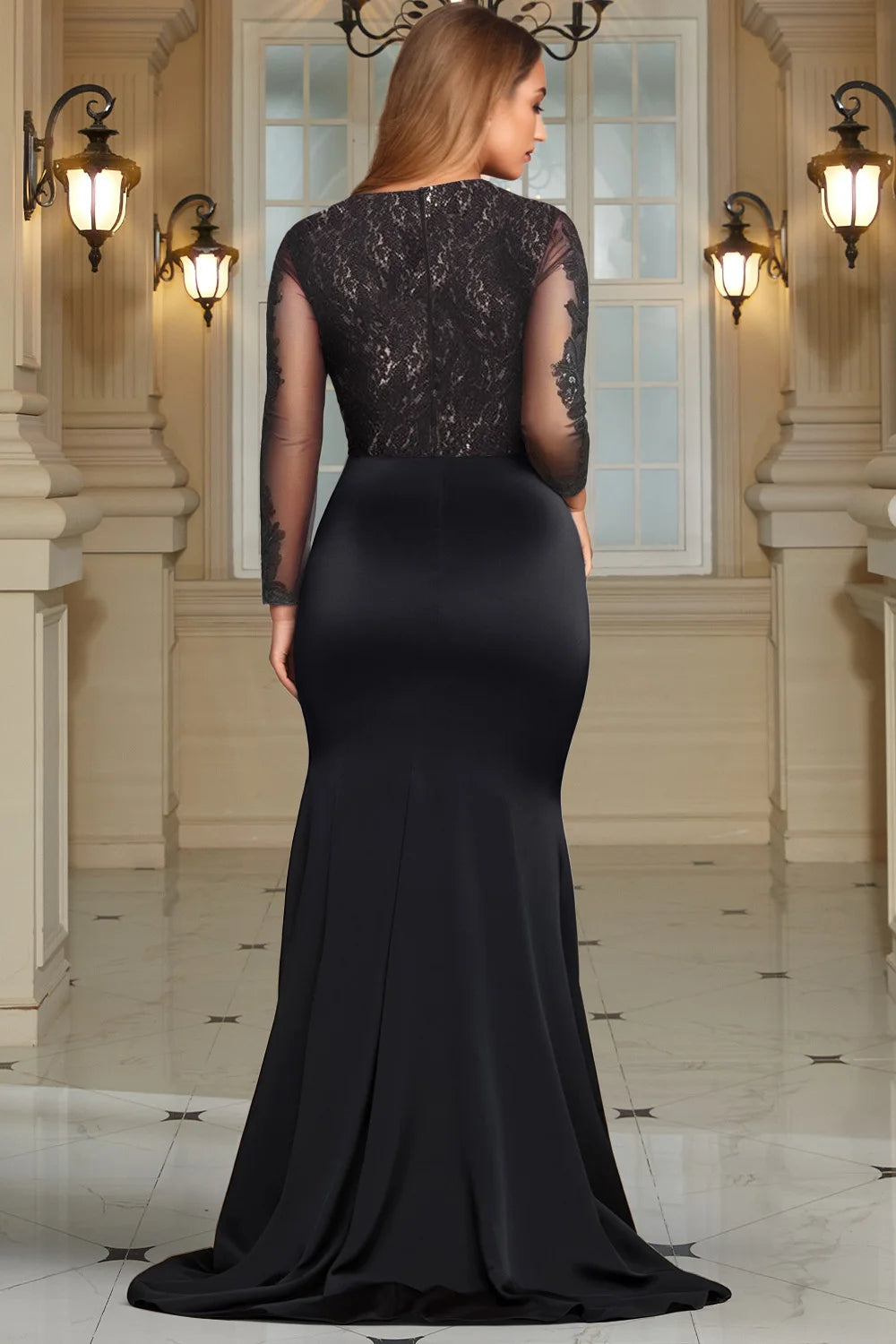 Plus Size Formal Knitted Black V Neck Long Sleeve Split See Through Lace Maxi Dresses - JN Fashion Fusion