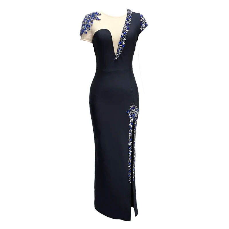 VC Colourful Diamonds Bandage Long Dress Crystal Side Mesh High Slit Night Out Luxury Prom Evening Party Gowns Vestidos - JN Fashion Fusion