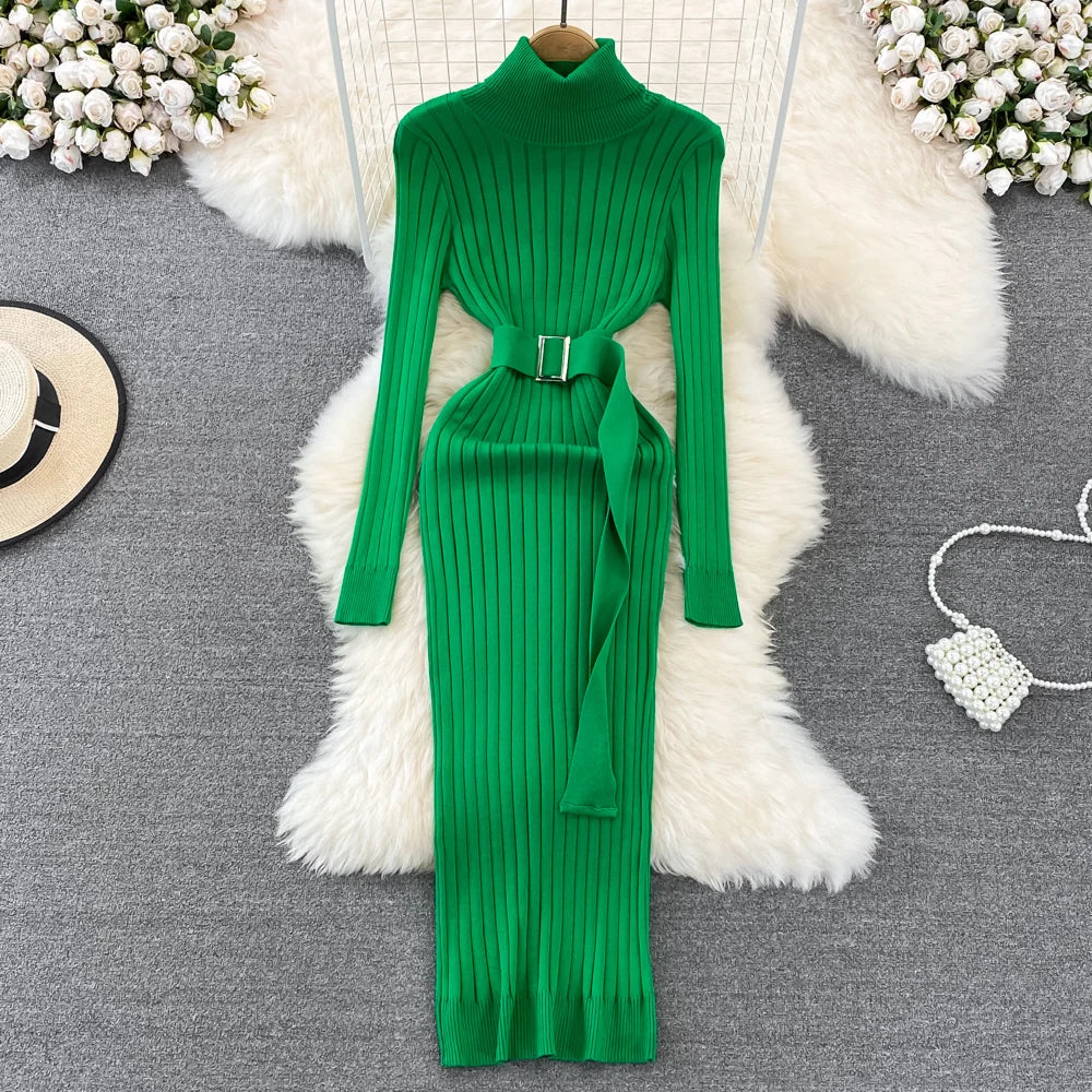 YuooMuoo Ins Hot Turtleneck Sexy Wrap Hips Knitted Dresses Women 2025 Autumn Winter Long Sleeve Bodycon Sweater Dress with Belt