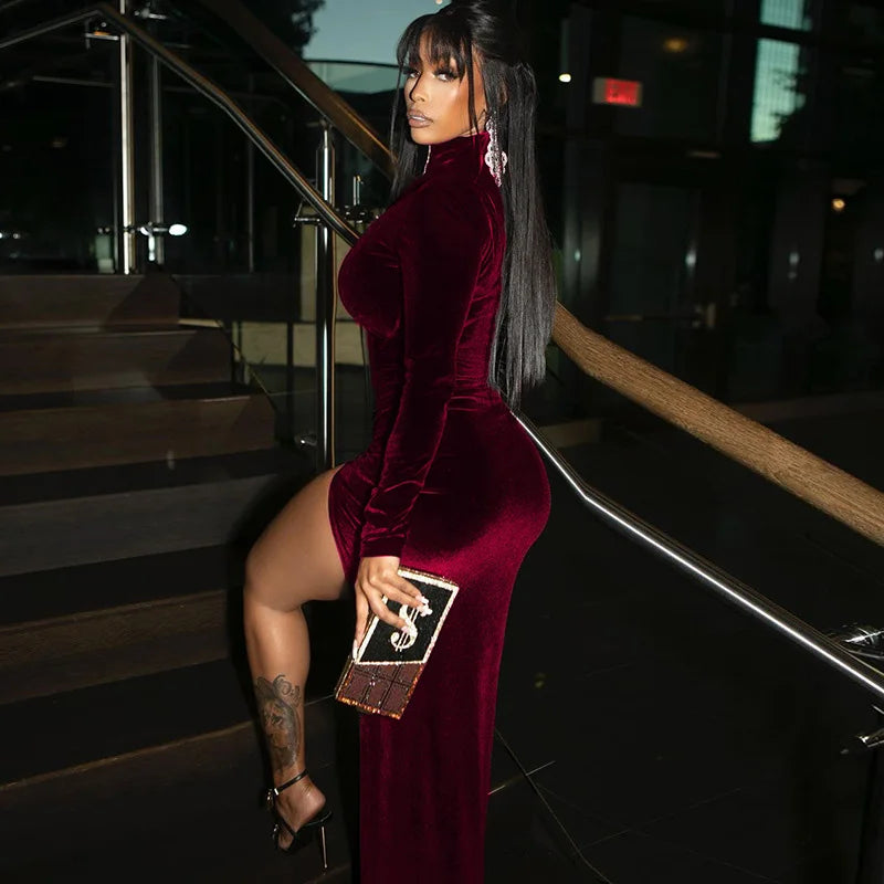 Women's autumn and winter style high-necked long-sleeved velvet dress slim pleated slit dress - JN Fashion Fusion
