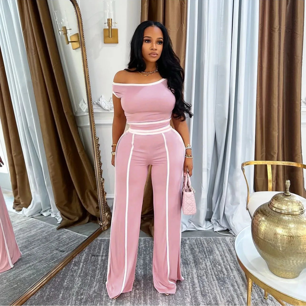 Pant Set Women Two Piece Sets Oblique Shoulder Short Sleeve Y2k Tops Wide Leg Long Pants High Tight Waist Elegant Streetwear - JN Fashion Fusion
