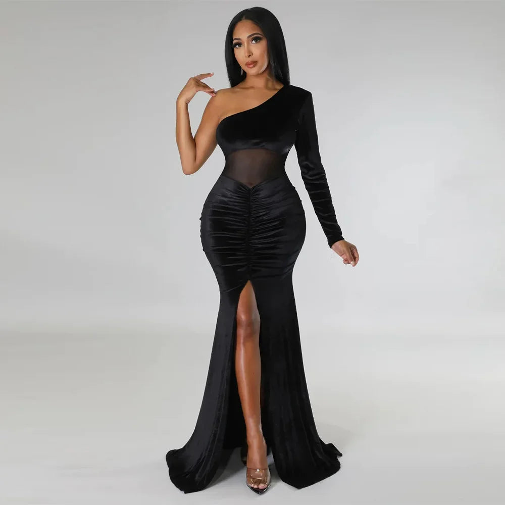 CM.YAYA Women Velvet Mesh Patchwork One Shoulder Long Sleeve High Slit Floor Length Mermaid Bodycon Midi Sexy Party Club Dresses - JN Fashion Fusion