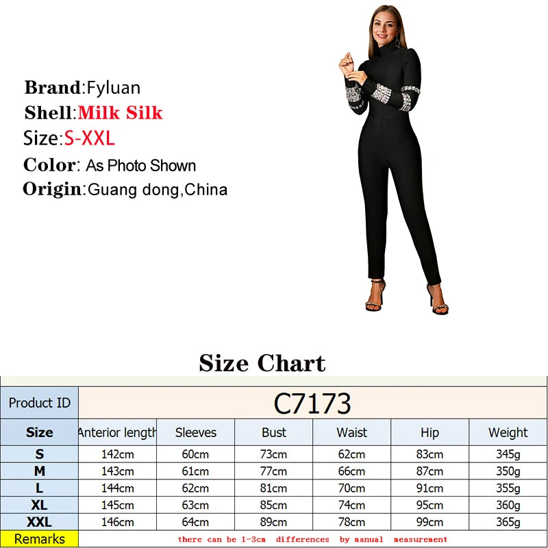 Slim Women Long Sleeve Jumpsuits With Diamonds Temperament Tracksuit Casual Solid Color Simple O NeckHoliday Women Outfit Pants
