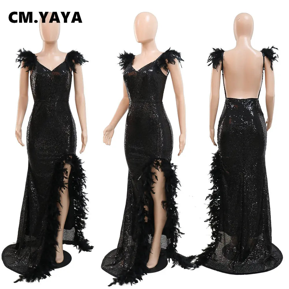 CM.YAYA Women Sequined Spaghetti Strap Feather Hem High Side Slit Mermaid Trumpet Bodycon Midi Evening Sexy Party Maxi Dresses - JN Fashion Fusion