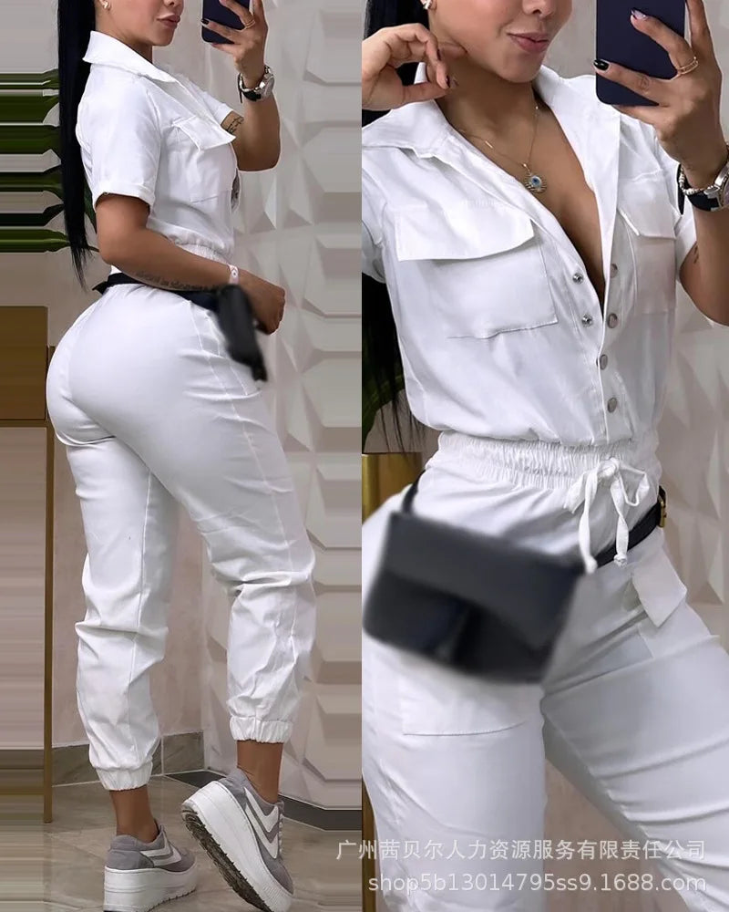 Short Sleeve Pocket Design Cuffed Cargo Jumpsuit Women Summer Solid Color Playsuits Jumpsuits Pants High Waist - JN Fashion Fusion