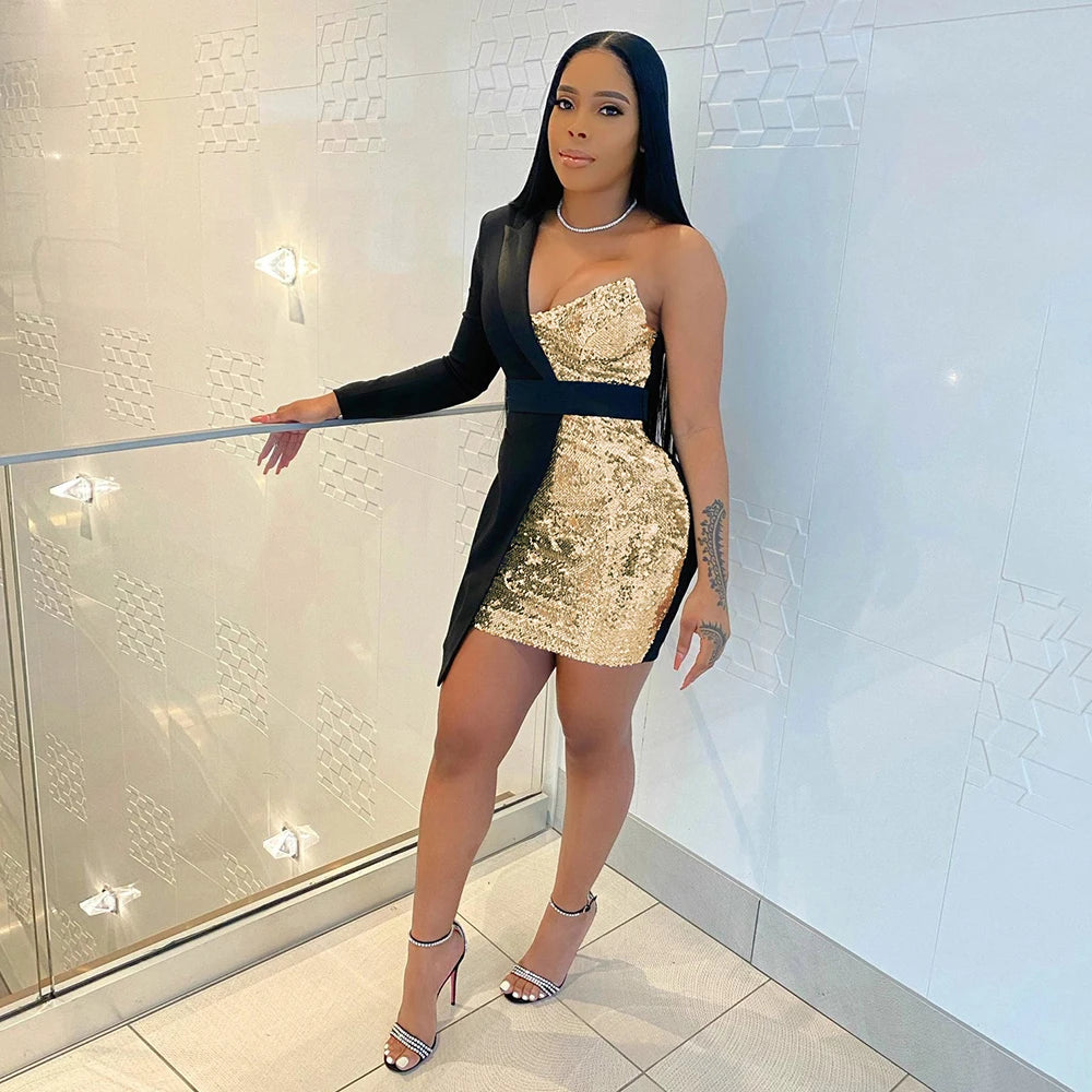 Ladies Sequins Formal Occasion Dresses Dne Shoulder Patchwork Prom Mini Dress Sexy Bodycon Elegant Party Dresses for Women 2023 - JN Fashion Fusion