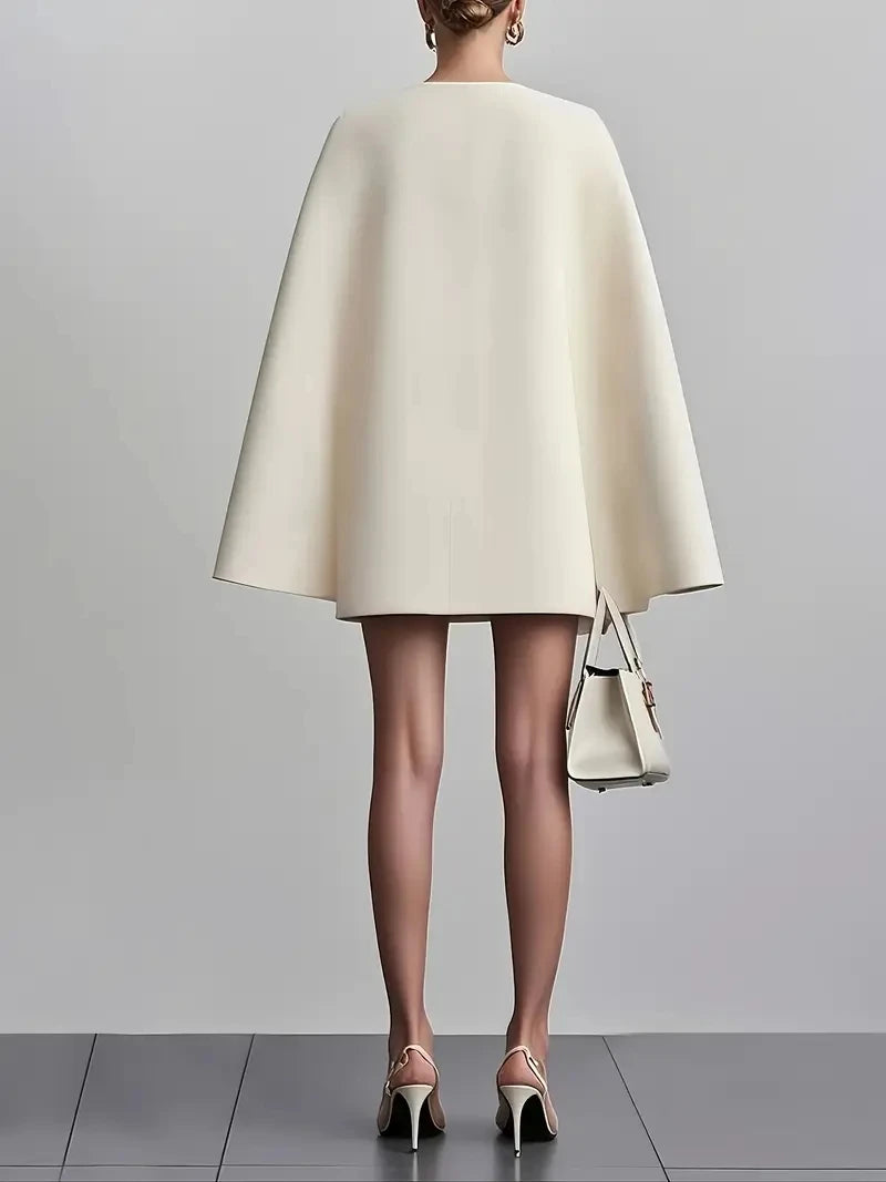 Women Fashion Commuter Solid Blazers Dress Office Double Breasted Waist Party Dress Elegant V-neck Shawl Cape Sleeve Midi Dress - JN Fashion Fusion