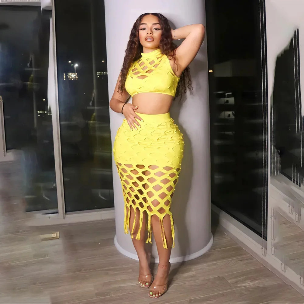 CM.YAYA Women Hollow Out Tassel Bodycon Midi Skirts Set and Sleeveless T-shirt 2023 Summer Party Two 2 Piece Set Outfit Dress - JN Fashion Fusion