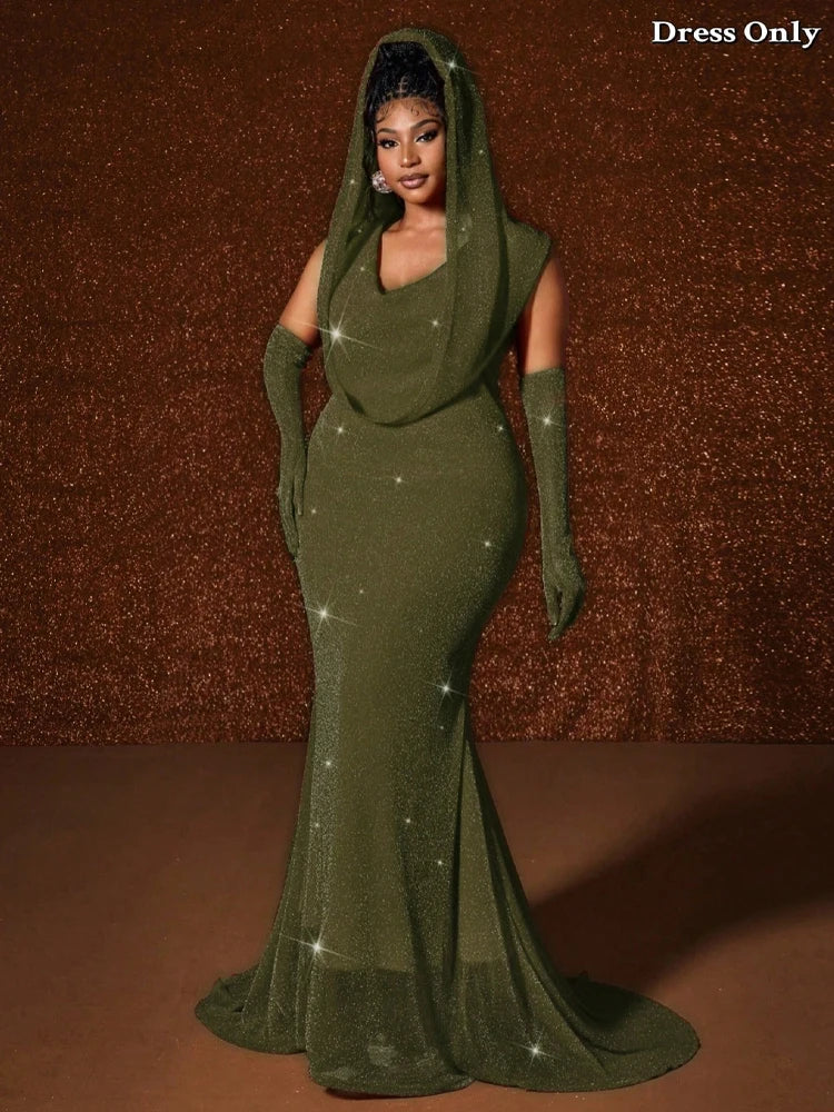 New sequined Hooded Sleeveless Maxi Dress Fishtail Hem Elegant Wedding Guest Dress Plus Size Women's Sexy Slim Dresses In Party