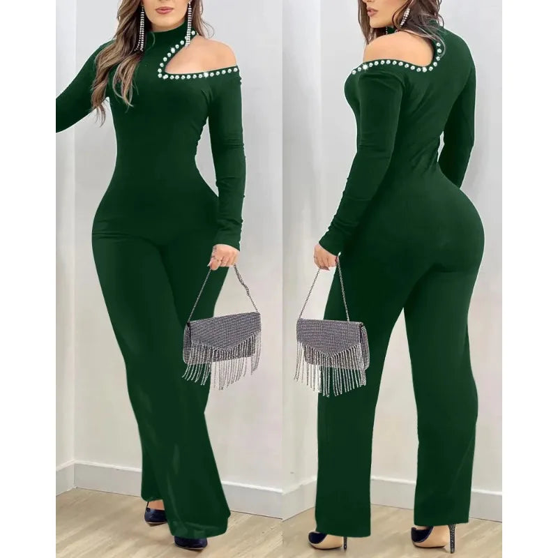Rhinestone Jumpsuits Women Cold Shoulder High Neck High Waist Rompers Jumpsuit Long Sleeve Slim Fit Flared Pants Jumpsuit