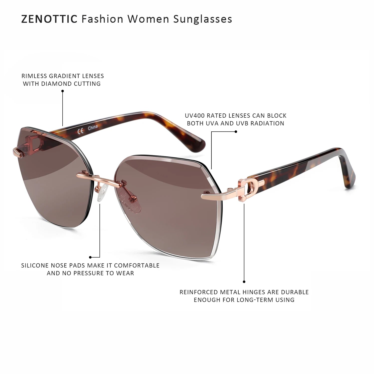 ZENOTTIC Fashion Women Rimless Sunglasses for Ladies 2024 Trendy Geometric Diamond Cutting Gradient Lens UV Protection Shades - JN Fashion Fusion