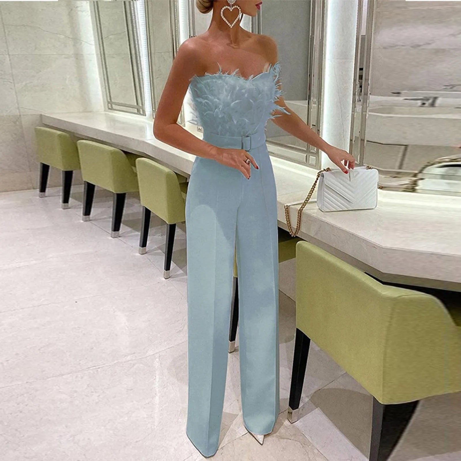 Women Jumpsuit Feather Tube Top Sexy Evening Party Jump Suits Sleeveless High-waisted Straight Playsuits Night Clubwear Overalls - JN Fashion Fusion
